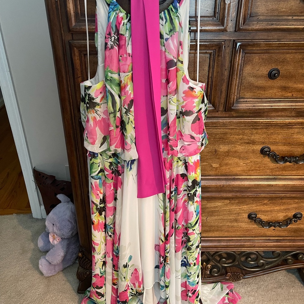 Anthropologie Floral Maxi Dress with Pink Belt/Tie
